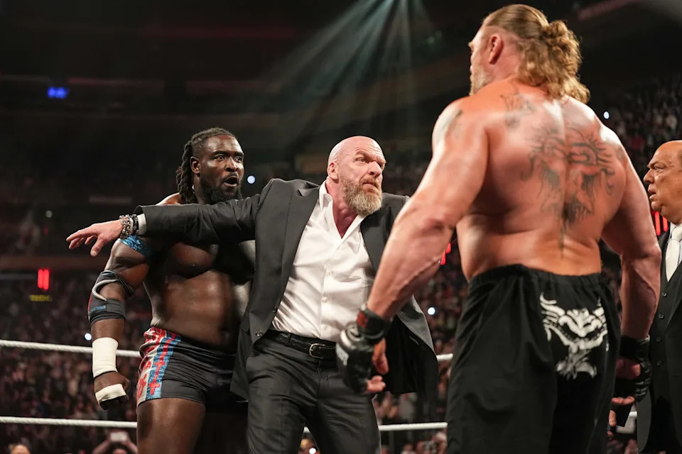 NEW YORK, NEW YORK - MARCH 30: Oba Femi and Brock Lesnar face off in the ring with Triple H during Monday Night RAW at Madison Square Garden on March 30, 2026 in New York, New York. (Photo by Rich Wade/WWE via Getty Images)