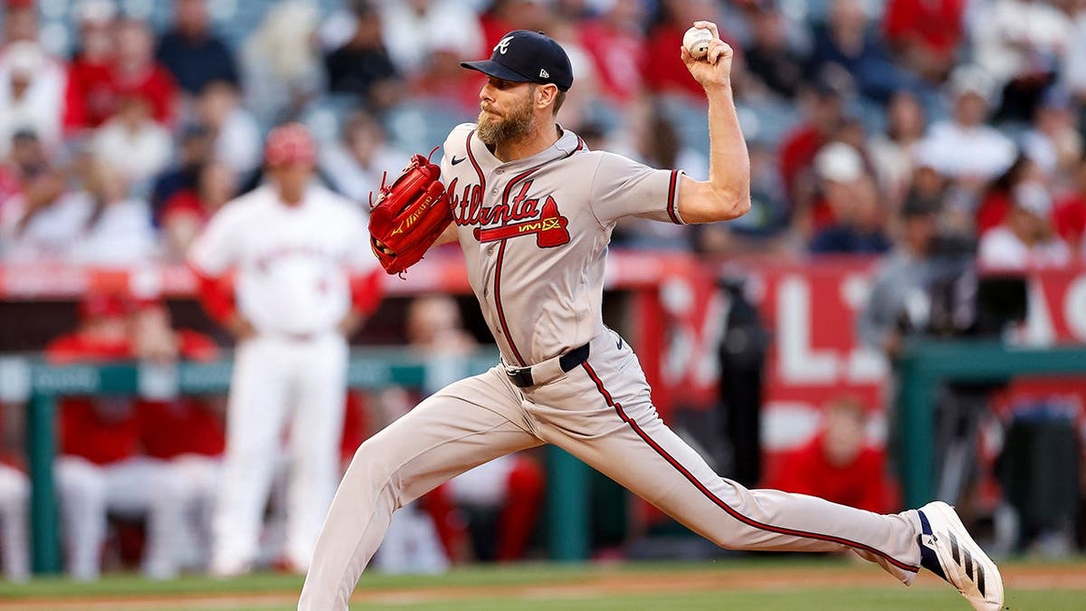 Atlanta Braves pitcher Chris Sale pitching during a baseball game against the Los Angeles Angels
