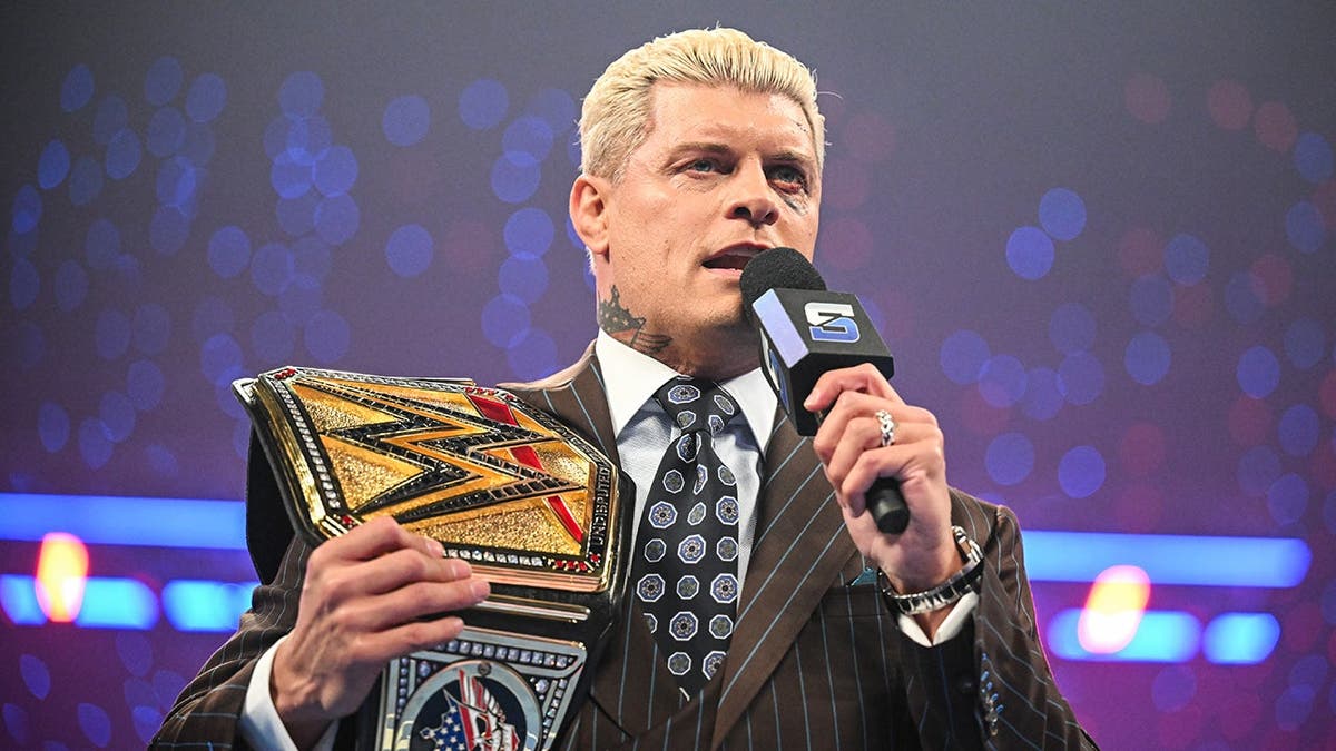 Undisputed WWE Champion Cody Rhodes speaking at Dickies Arena in Fort Worth, Texas.