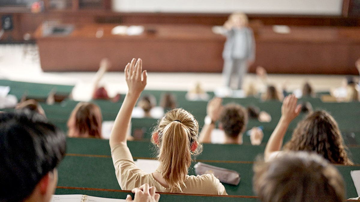 A girl raising her hand in a classroom