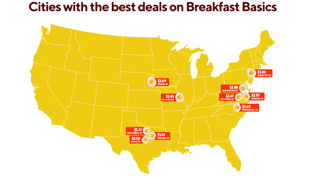 A map showing DoorDash's 'Breakfast Basics' Index.