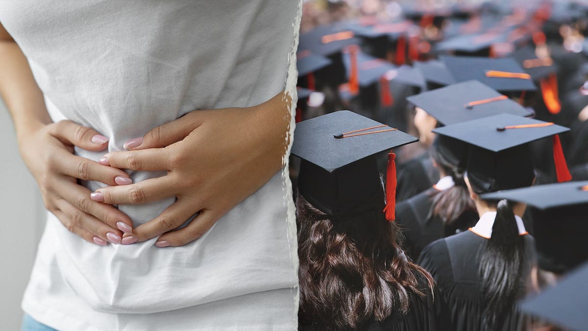 Thumbnail split, hands of woman holding her stomach on left, graduation caps from the back on the right