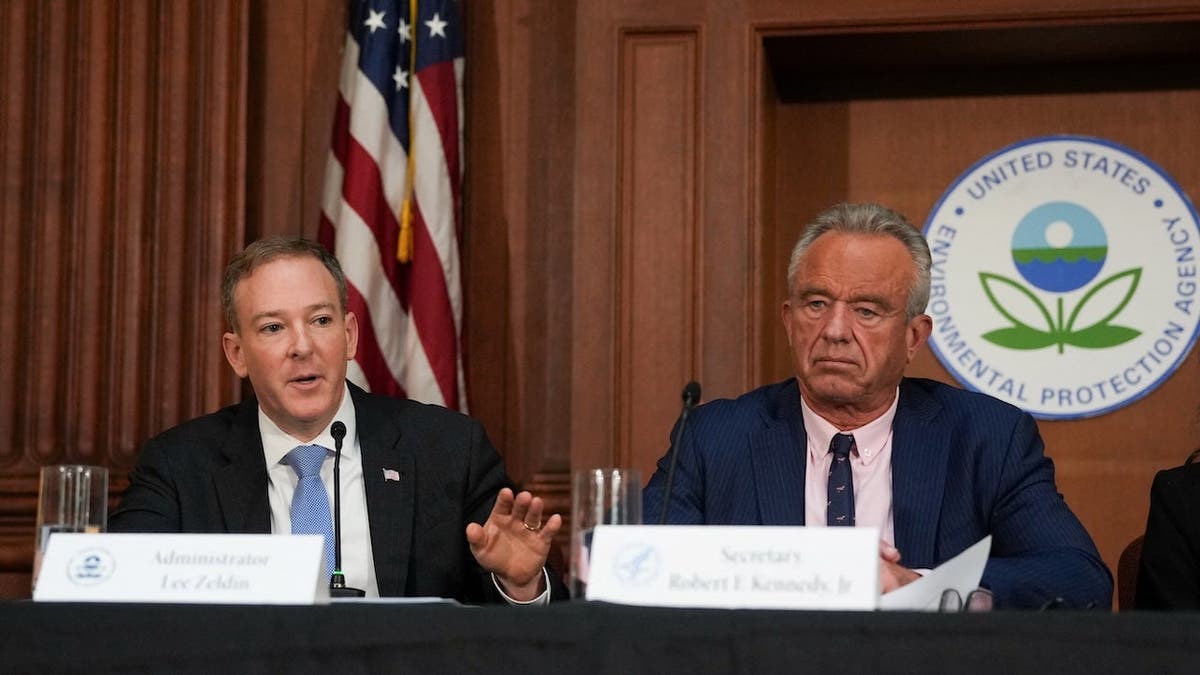 EPA Administrator Lee Zeldin speaking next to HHS Secretary Robert F. Kennedy Jr. at EPA headquarters