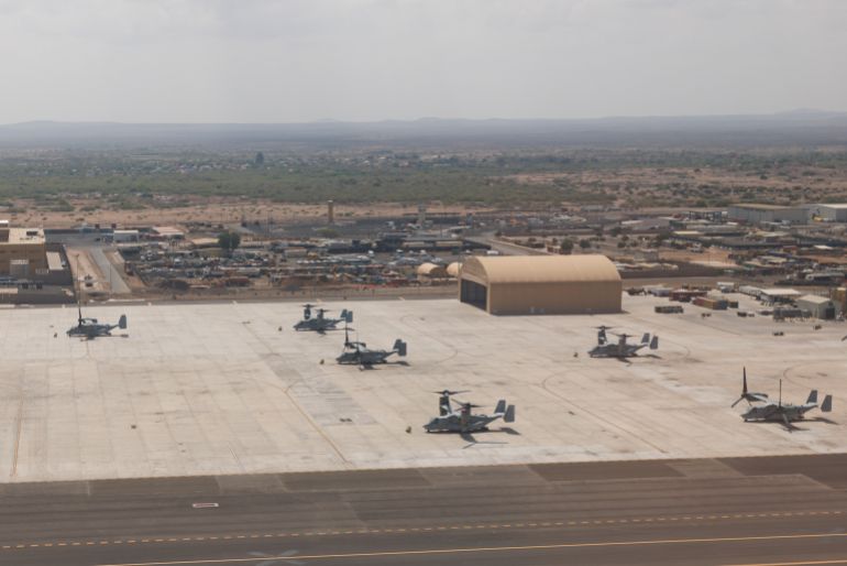 DJIBOUTI, DJIBOUTI - JANUARY 21: US military aircraft as seen at US Military Base Camp Lemonnier on January 21, 2024 in Djibouti. Camp Lemonnier is the only permanent United States military base in Africa and hosts the Combined Joint Task Force – Horn of Africa (CJTF-HOA) of the U.S. Africa Command (USAFRICOM). Djibouti sits opposite Yemen, across the Bab-el-Mandeb strait, which connects the Red Sea to the Gulf of Aden. (Photo by Getty Images)