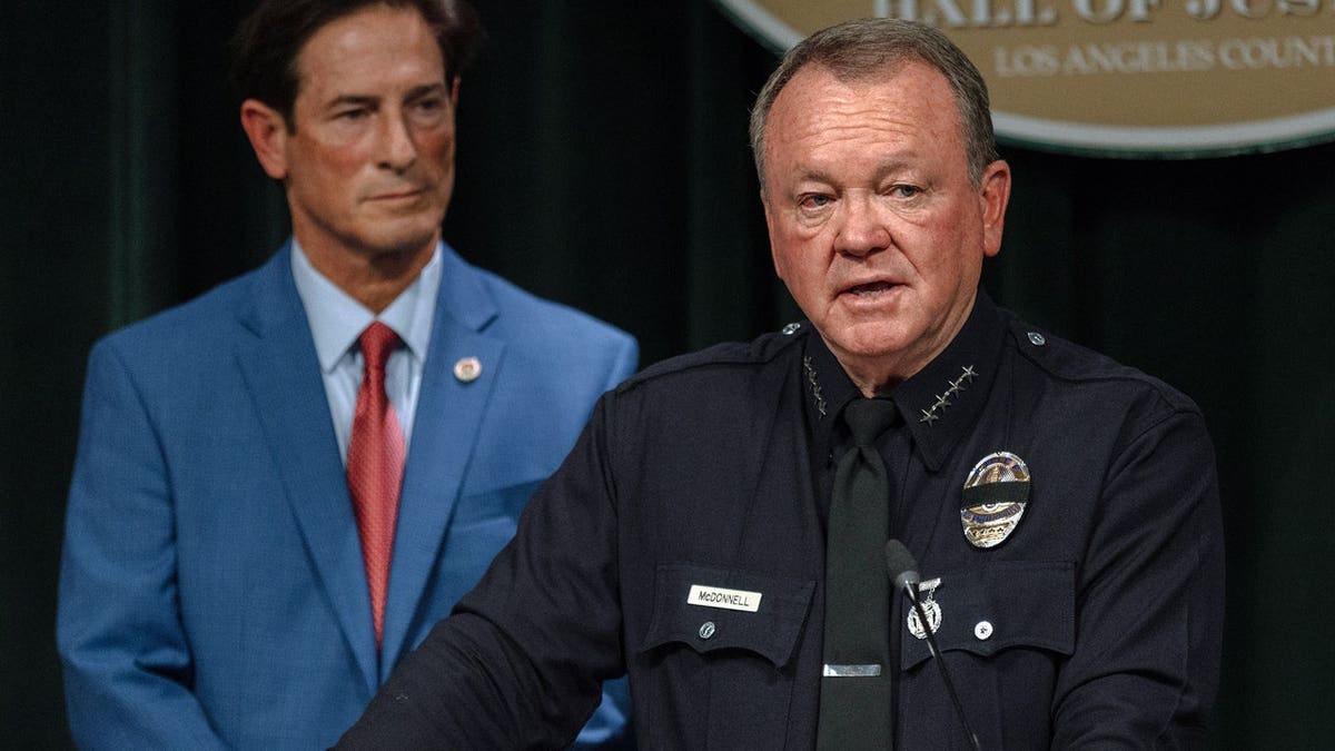 Los Angeles Police Chief Jim McDonnell speaking during a news conference