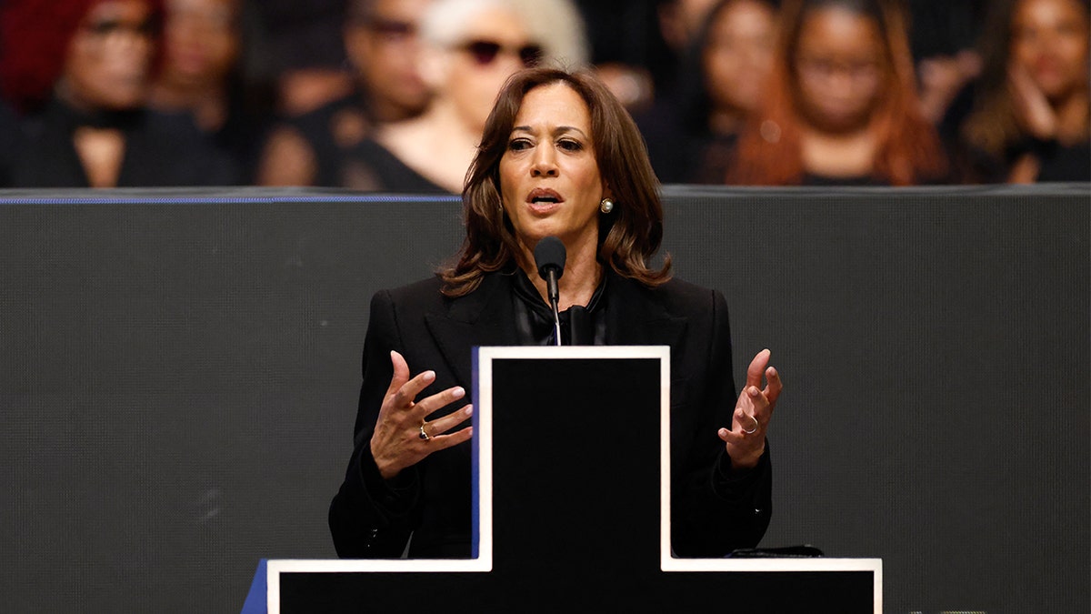 Kamala Harris speaking at a memorial service in Chicago