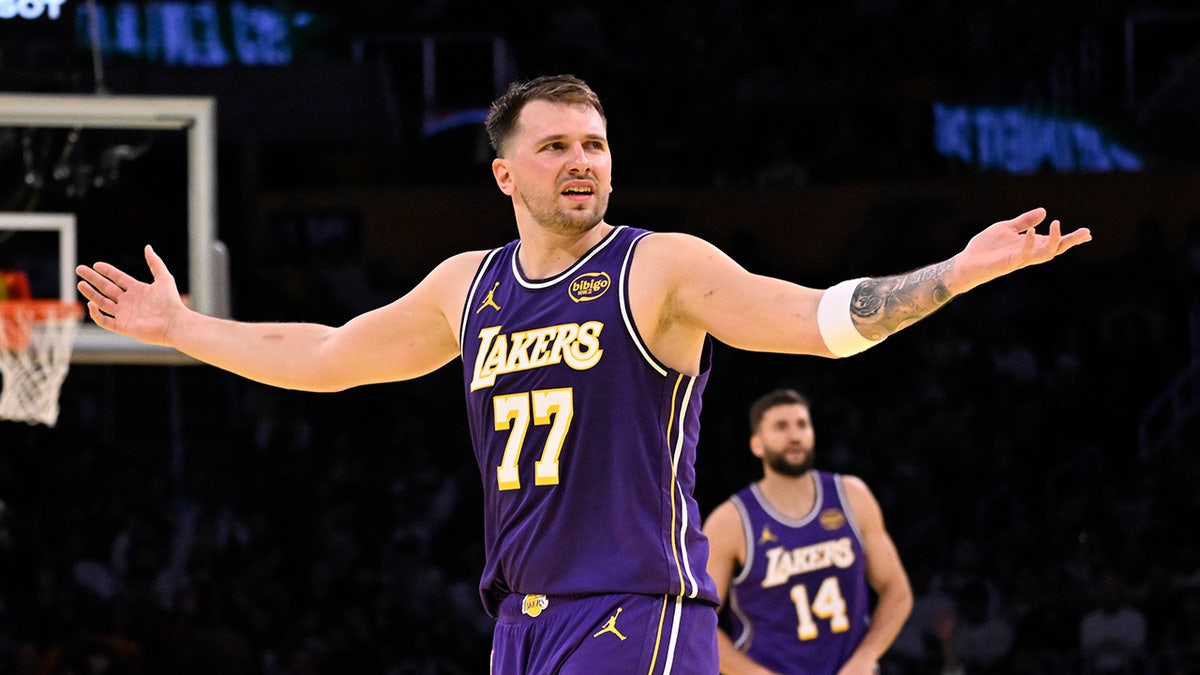 Luka Doncic of the Los Angeles Lakers reacting after a foul call during a basketball game