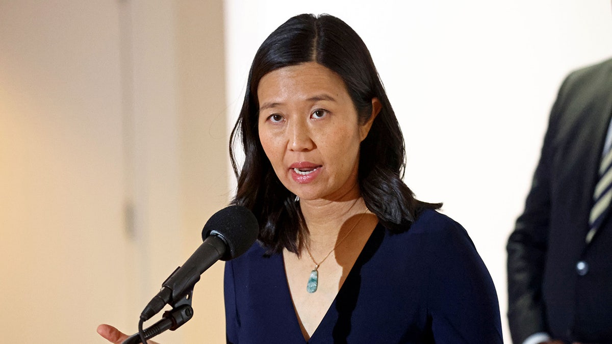 Mayor Michelle Wu speaking at a press conference with city leaders in Boston