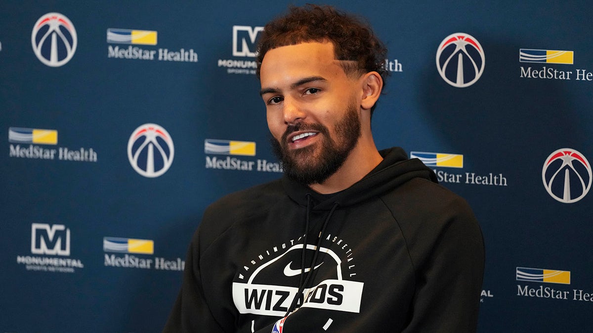 Washington Wizards guard Trae Young speaking to media at State Farm Arena