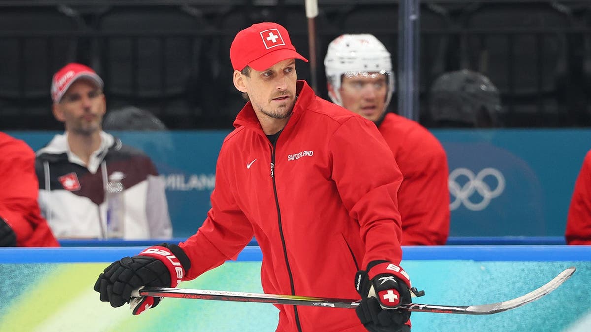 Head coach Patrick Fischer of Team Switzerland training on ice rink in Milan