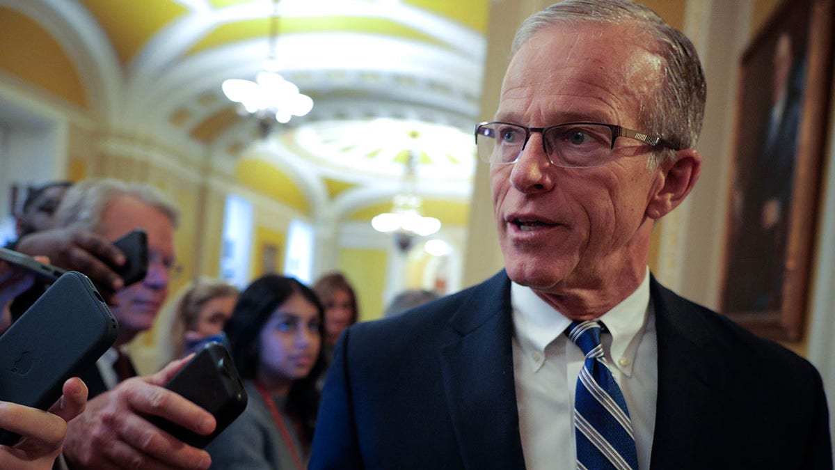 Senate Majority Leader John Thune speaking to reporters at the U.S. Capitol