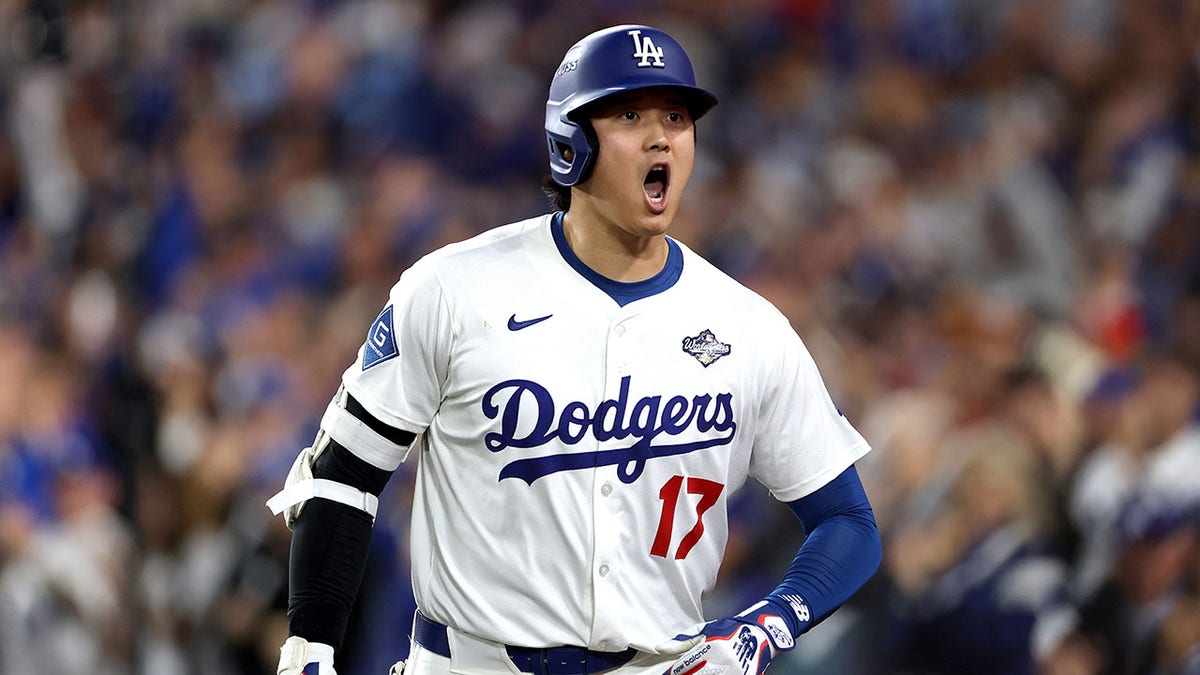 Shohei Ohtani celebrating after hitting a home run at Dodger Stadium