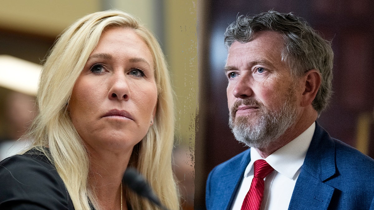 A split image of Reps. Marjorie Taylor Greene and Thomas Massie.