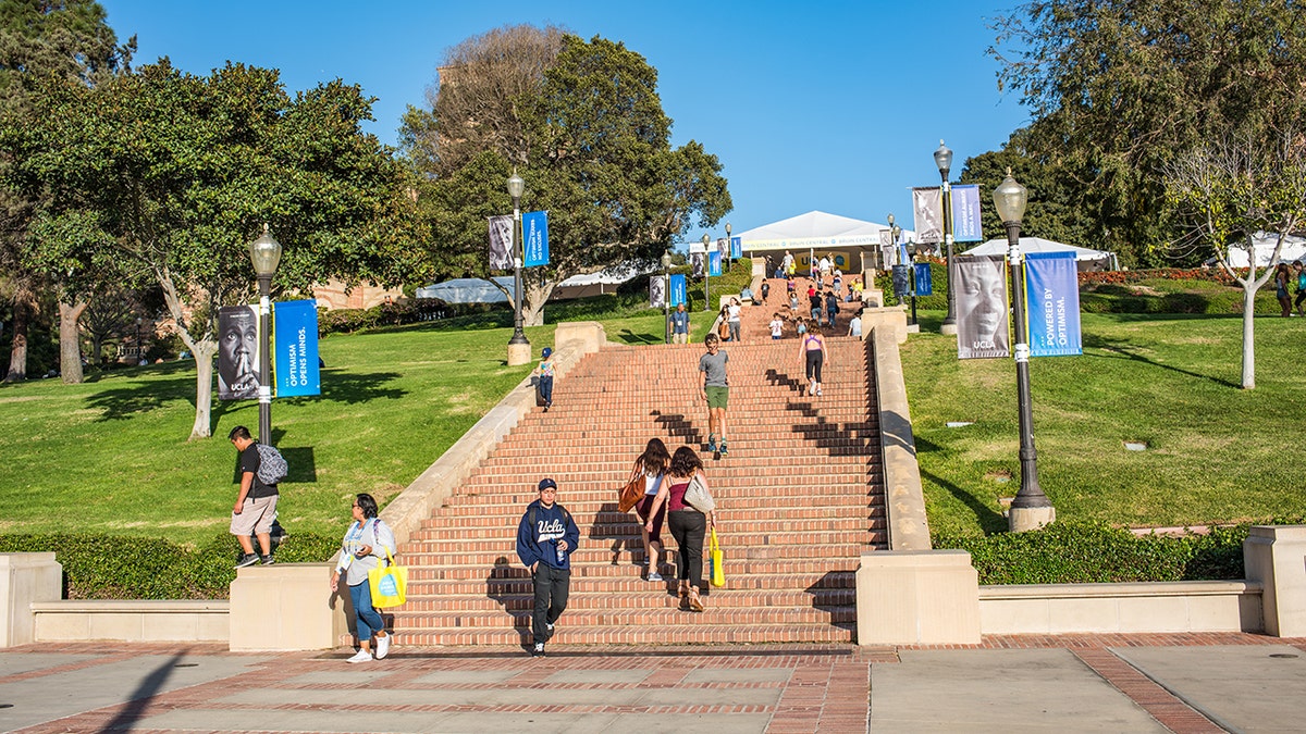 Janss Steps on the UCLA campus with trees and buildings in the background