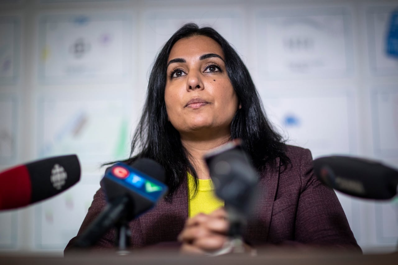 A South Asian woman answers questions in front of media-branded microphones.