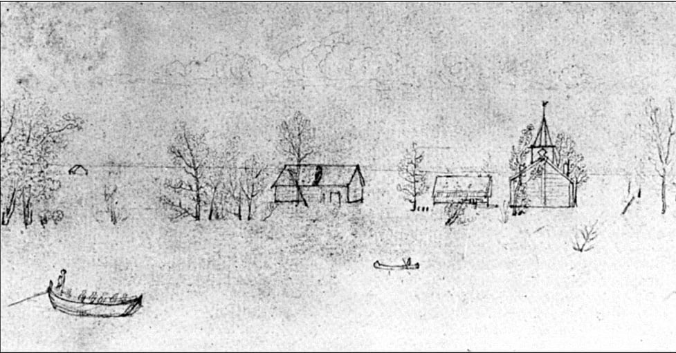 A black and white ink drawing showing a few buildings and a couple of canoes
