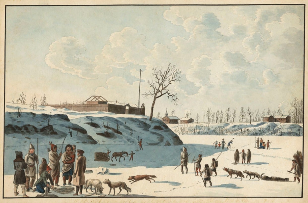 People and dogs are in the foreground and middle ground ice fishing. Behind them, on the embankment, is a fort
