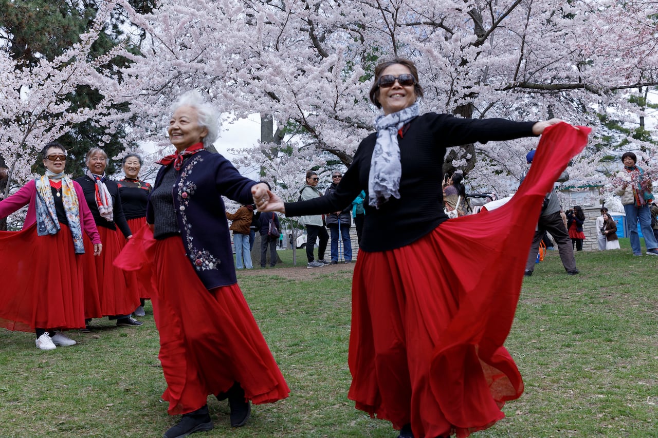 Two women wearing dark sweaters and flowing red long skirts, near blossoming cherry trees.