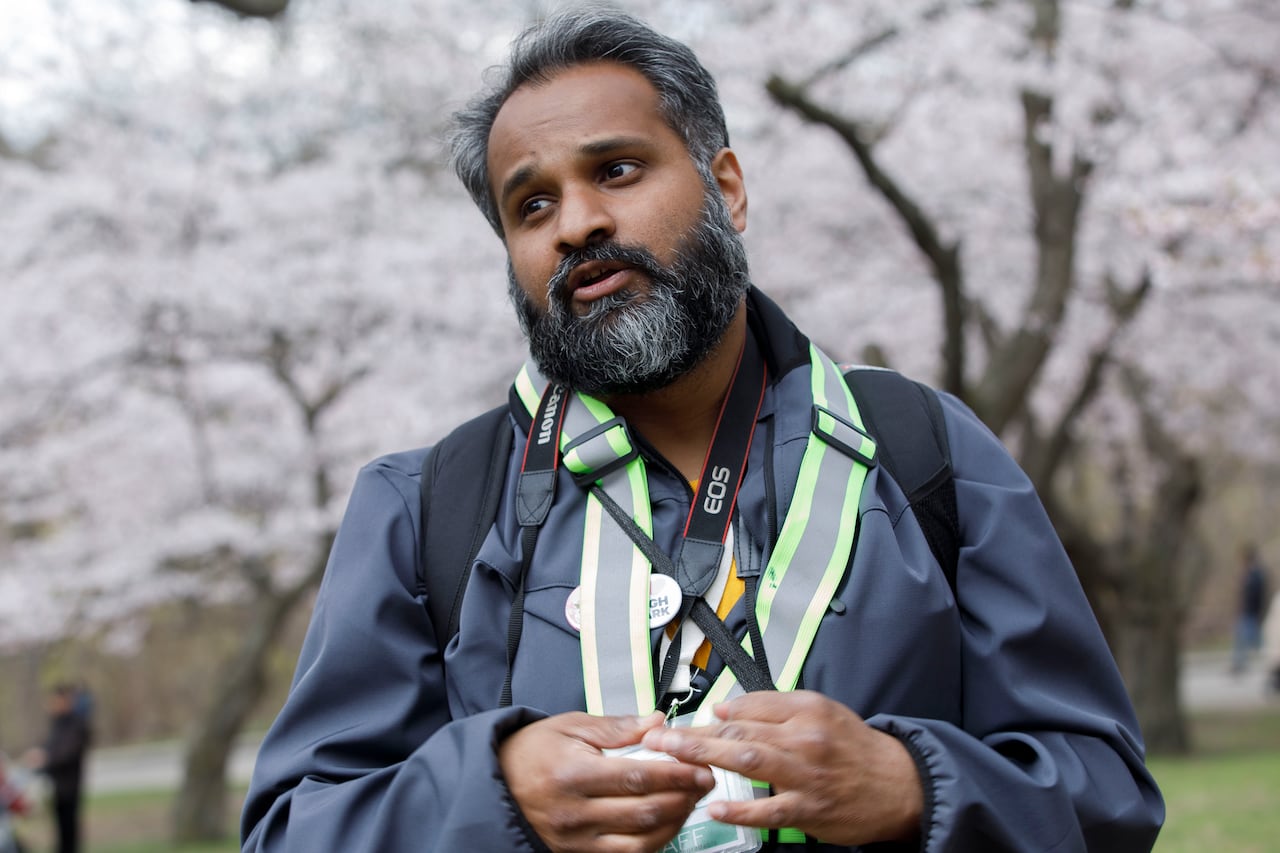 A bearded man with salt and pepper hair standing in front of cherry trees at a park.