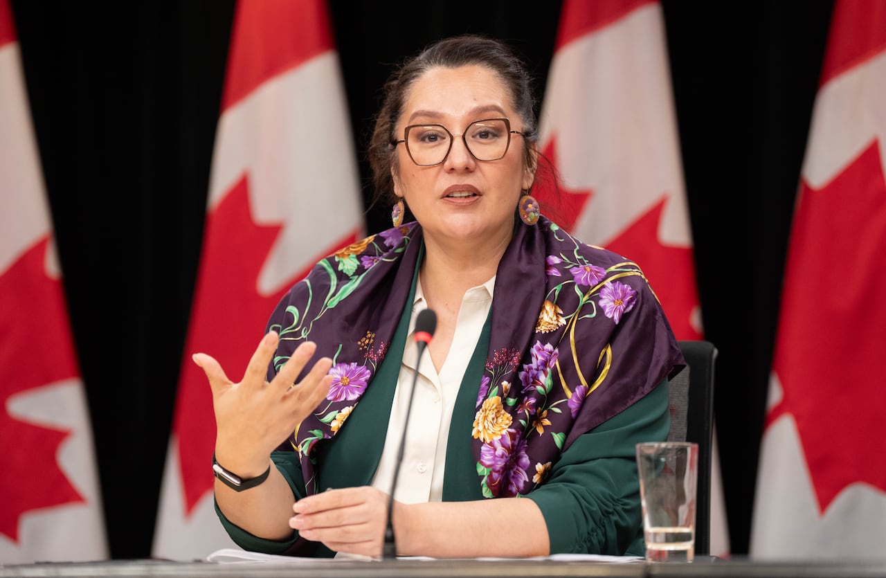 Minister of Indigenous Services Mandy Gull-Masty is seen during a news conference in Ottawa, Monday, March 30, 2026.