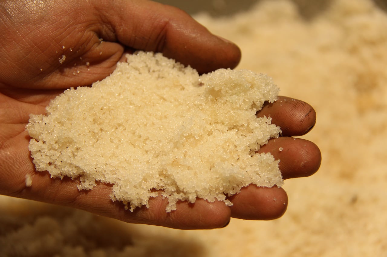 A hand holds a handful of a white-coloured mineral.
