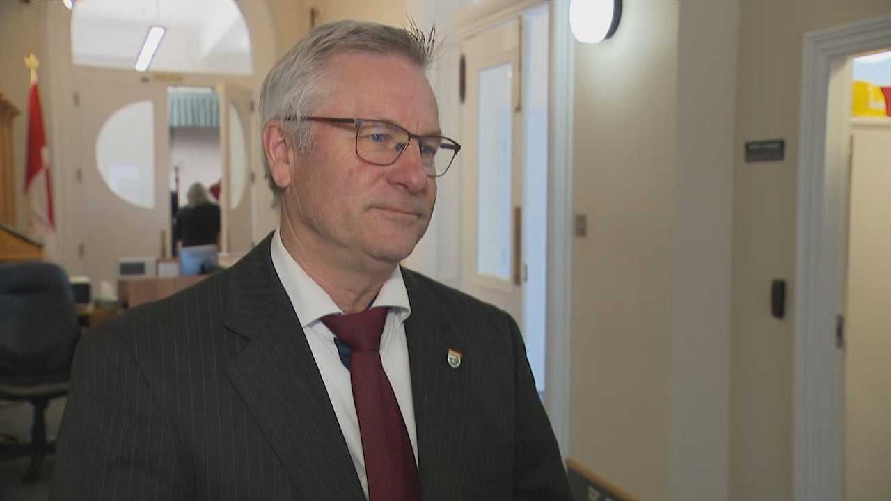 A man in a dark suit and red tie stands in a white corridor with a flag and a person in the background.