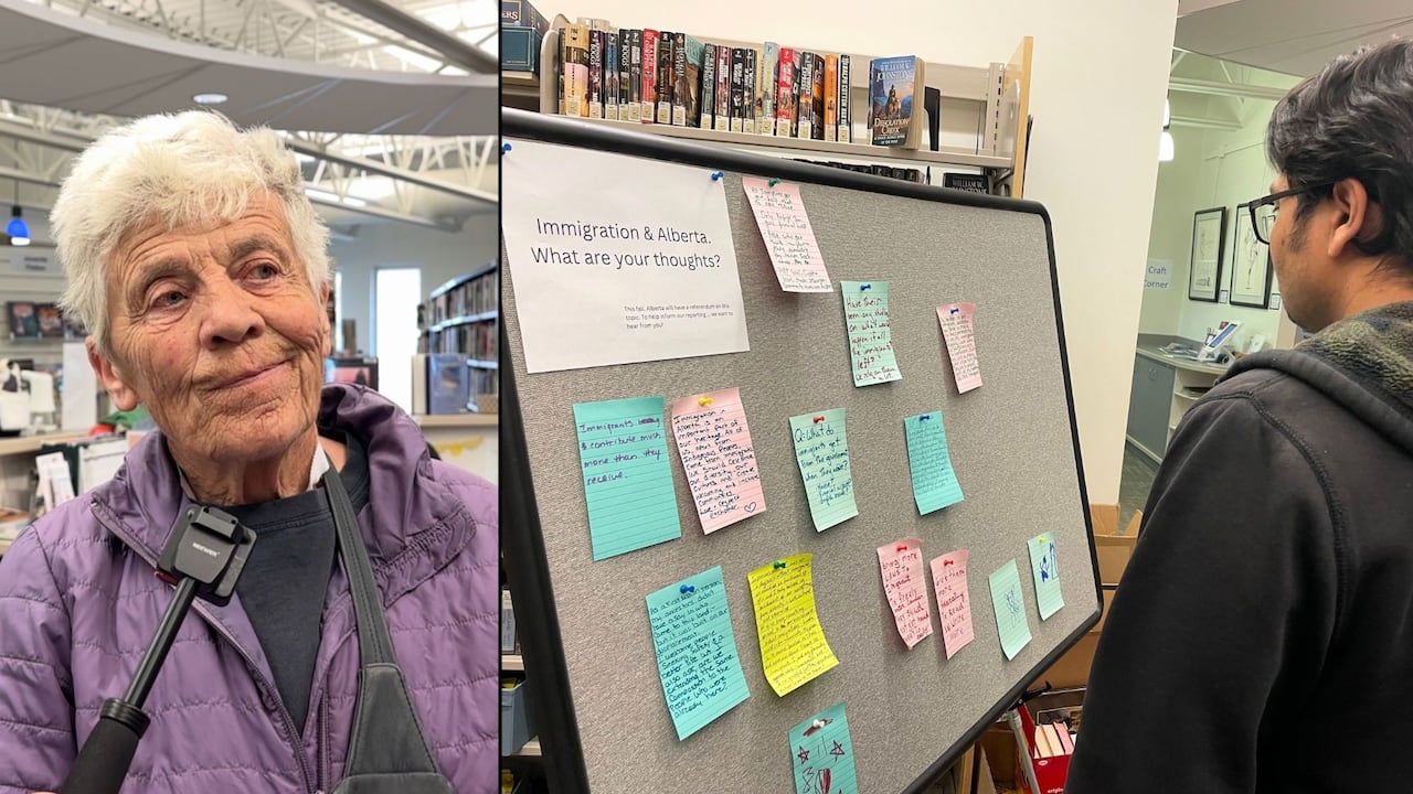A collage of two photos, one of a woman speaking into a microphone and the other of a man looking at a board full of Post-It notes.