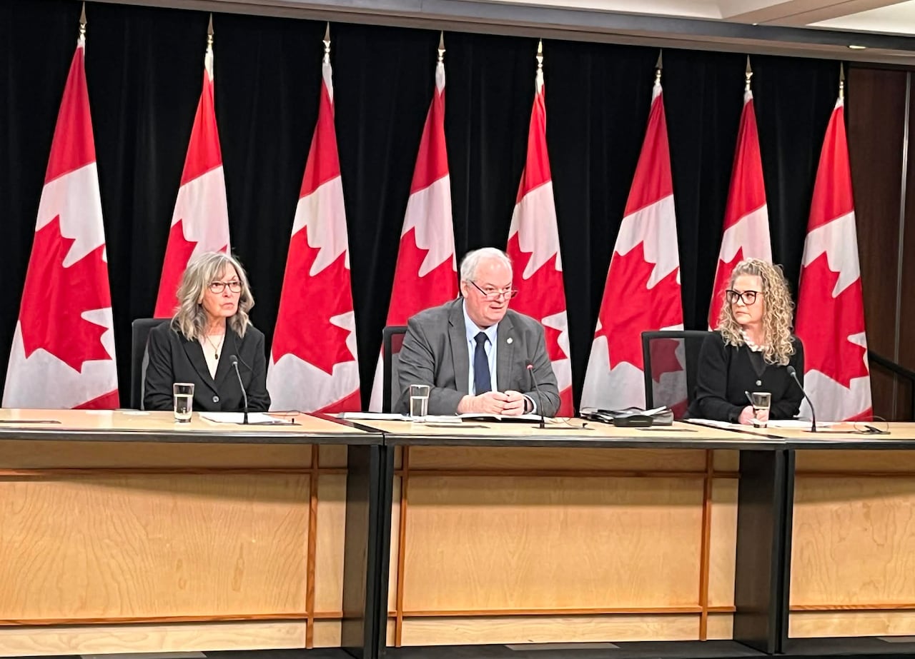Two women and one man sit at a table in front of Canadian flags.