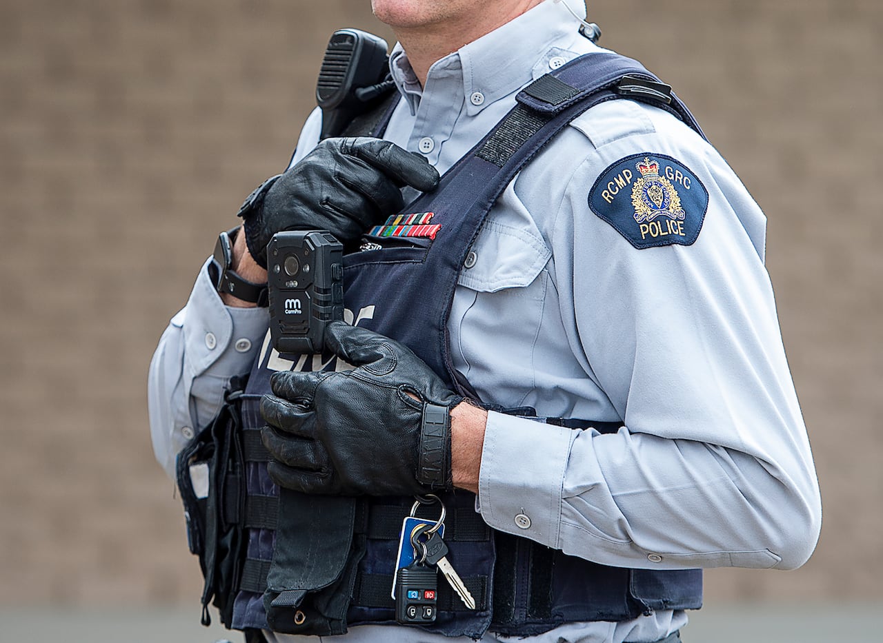 An RCMP officer wears a body camera at the detachment in Bible Hill, N.S. on Sunday, April 18, 2021.