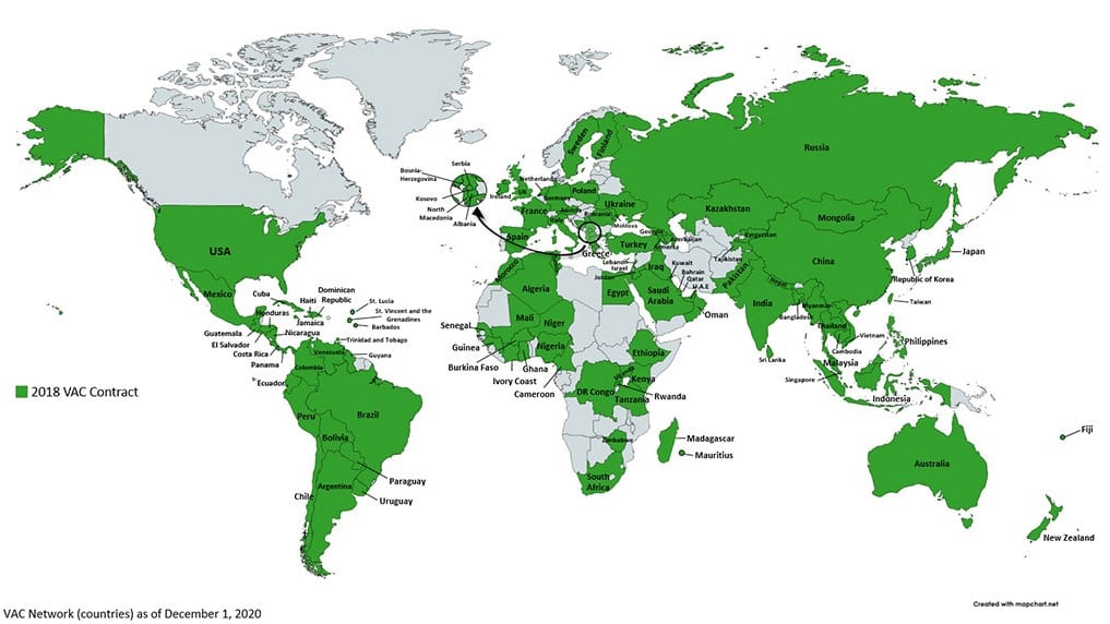 A map of the world showing the countries that Canada's international visa application centres network as of Dec. 1, 2020, highlighted in green.