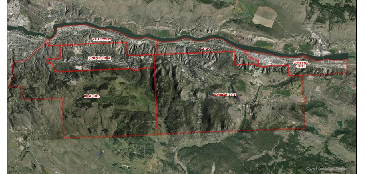 A map highlighting the Kamloops neighbourhoods of Valleyview, Juniper Ridge, Rose Hill, Barnhartvale, Dallas and Campbell Creek.