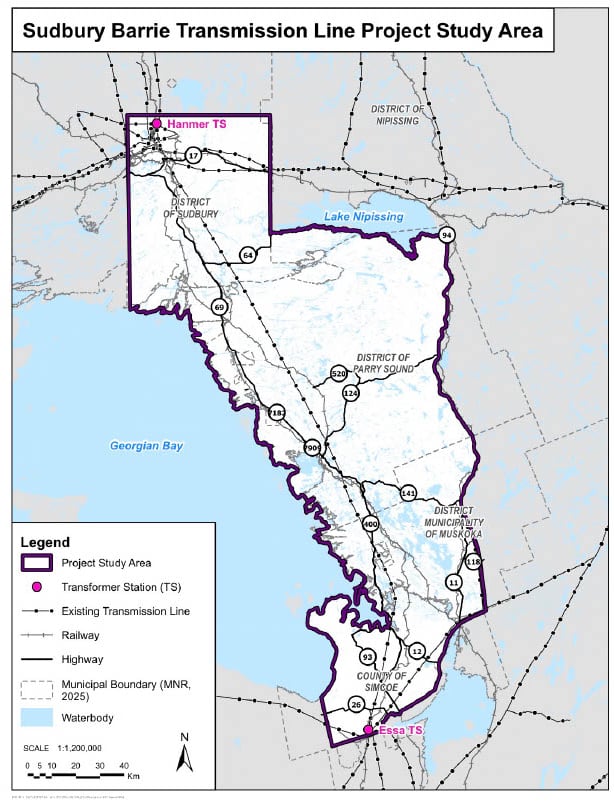 A map of routes in northern Ontario where a potential transmission line may be constructed.