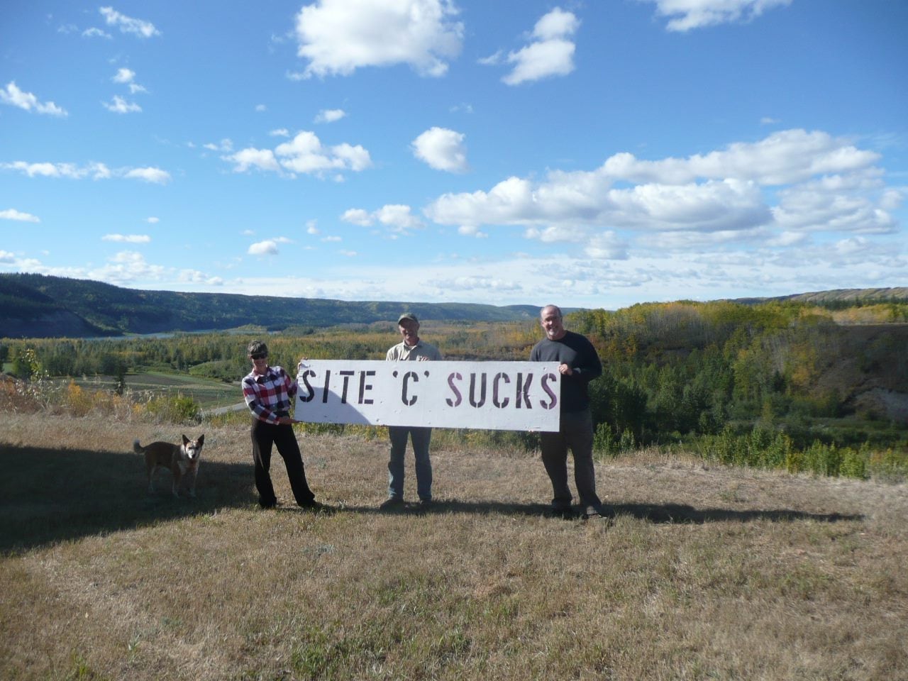 three people and a dog stand on a grassy hill under a blue sky, holding a sign reading "SITE 'C' SUCKS"