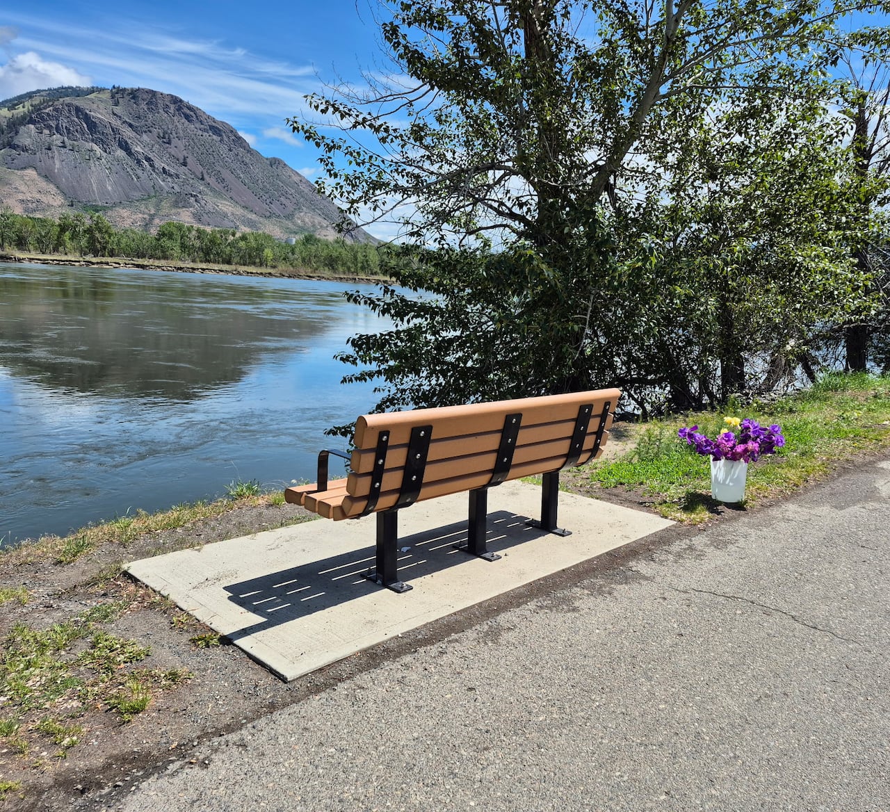 A pot of purple flowers is seen next to a riverside bench.