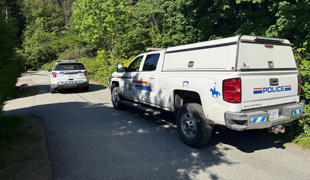 Two police vehicles are seen alongside a road on a sunny day.
