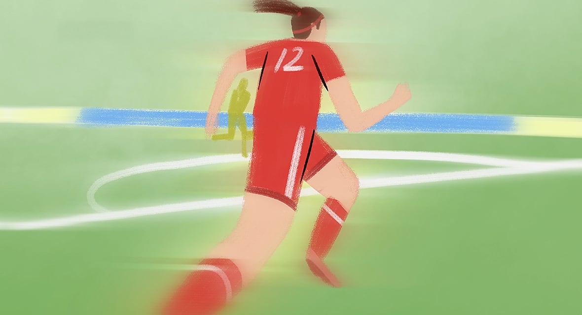 Animated picture of young female soccer playing entering the pitch.