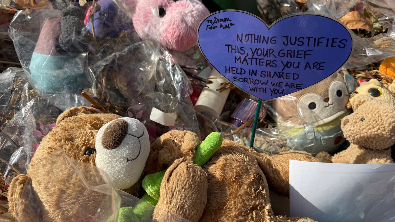 A purple heart with a message was laid at the memorial site outside the town's community centre by outgoing Governor General Mary Simon during a recent visit to Tumbler Ridge on April 27, 2026 visit.