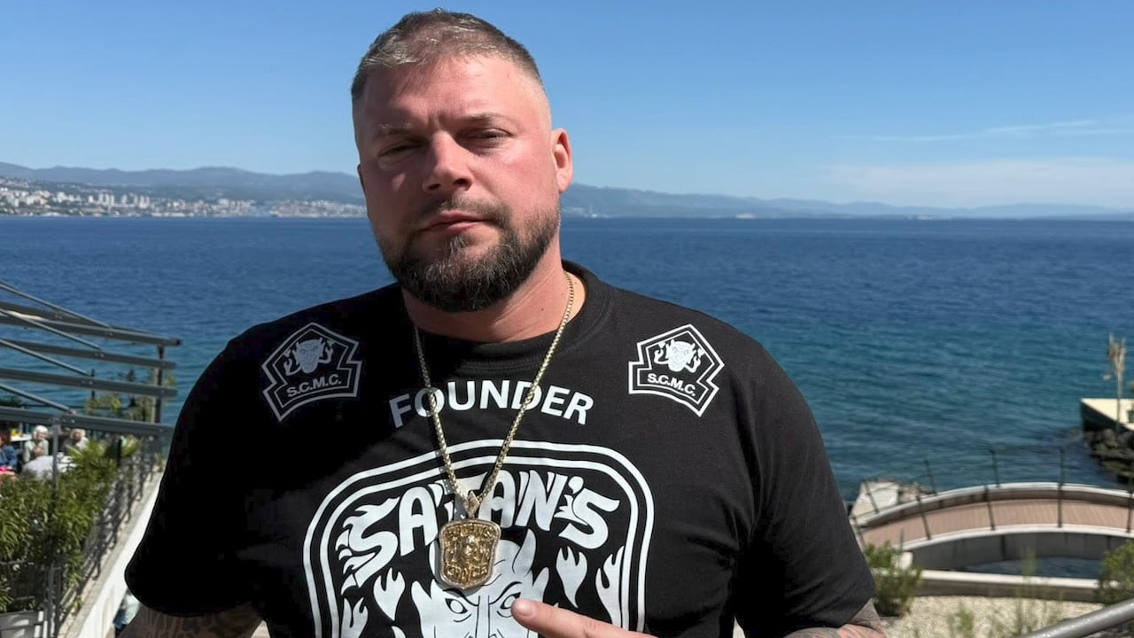 Harley Guindon is pictured wearing a Satan's Choice T-shirt.