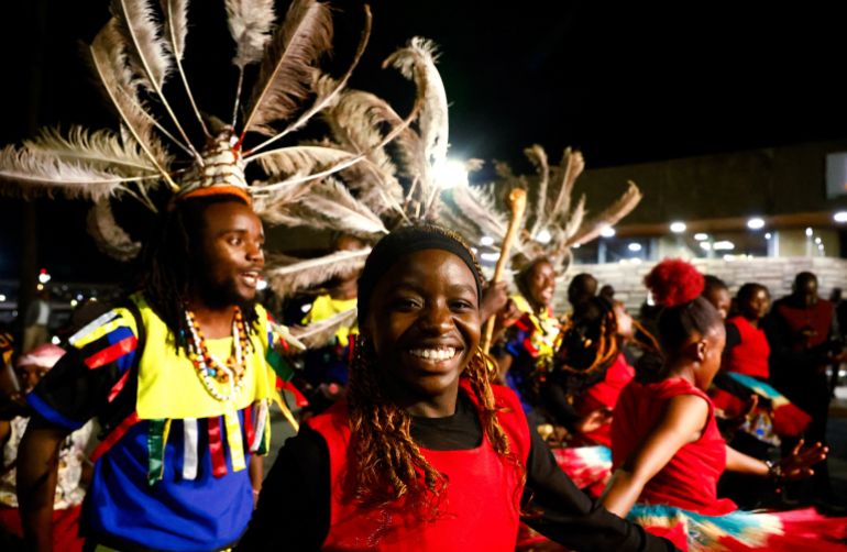 Traditional entertainers perform to welcome Kenyan runner Sabastian Sawe (not pictured) as he arrives at Jomo Kenyatta International Airport after breaking the men's marathon world record at the 2026 London Marathon to become the first person to run a marathon in under two hours in an official race, setting a new world record with a time of 1:59:30, in Nairobi, Kenya, April 29, 2026. REUTERS/Monicah Mwangi