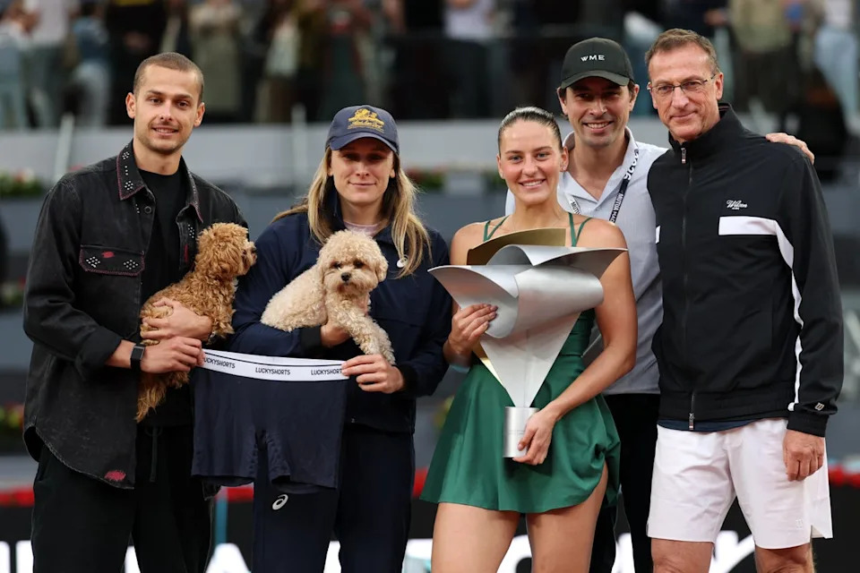 Kostyuk with her team, two dogs and ‘lucky’ underwear (Getty)