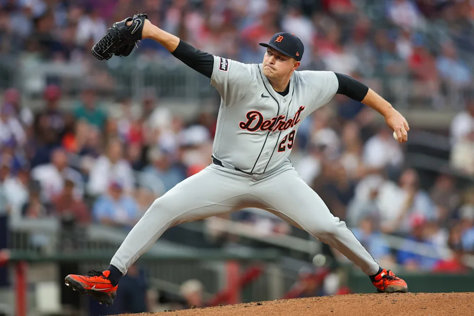 Detroit Tigers starting pitcher Tarik Skubal throws against the Atlanta Braves in the second inning at Truist Park.