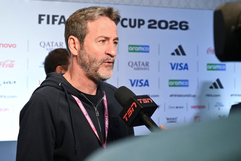 Panama's Spanish head coach Thomas Christiansen speaks with members of the press after the FIFA World Cup 2026 official match schedule announcement in Washington, DC, on December 6, 2025. (Photo by Roberto SCHMIDT / AFP)