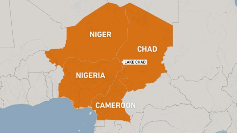 map of Lake Chad - showing Niger, Chad, Nigeria, Cameroon