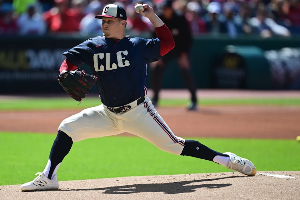 May 30, 2026; Cleveland, Ohio, USA; Cleveland Guardians starting pitcher Parker Messick (77) throws a pitch during the first inning against the Boston Red Sox at Progressive Field. Mandatory Credit: David Dermer-Imagn Images