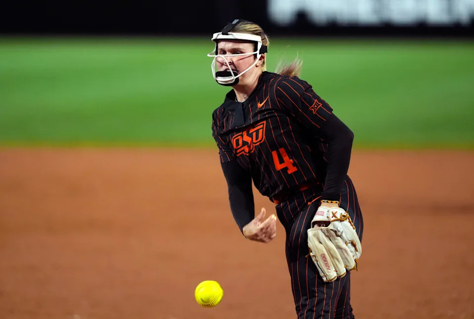Oklahoma State Cowgirls pitcher Rylee Crandall (4) pitches during a Big 12 softball tournament game between the Oklahoma State Cowgirls and the Arizona State Sun Devils at Devon Park Oklahoma City, Friday, May 8, 2026. Arizona State won 11-7.