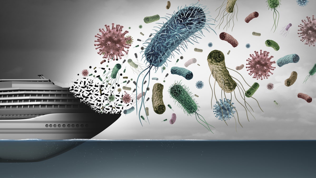 3D illustration of a cruise ship surrounded by virus and bacteria particles