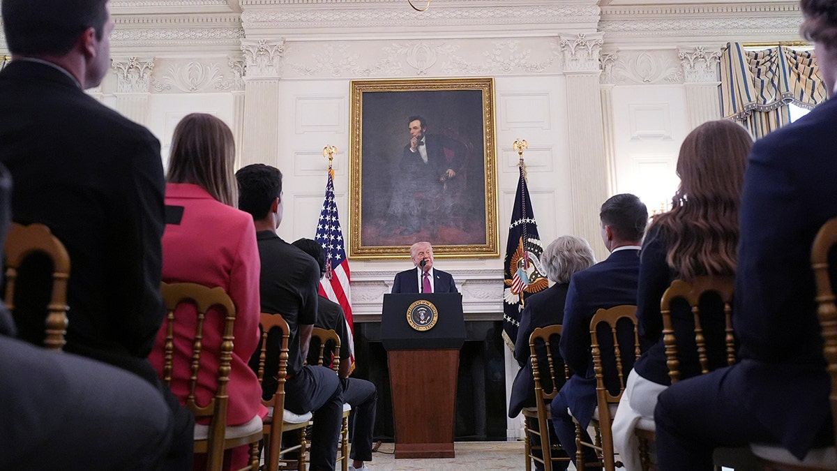 President Donald Trump speaking in the State Dining Room of the White House
