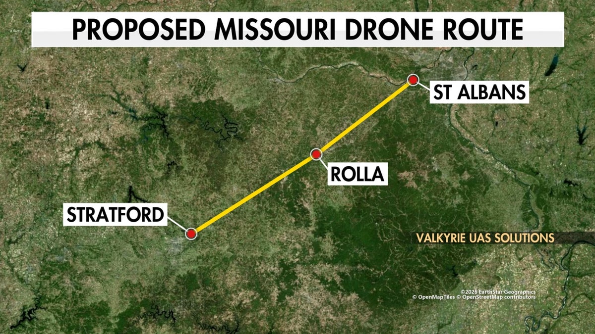 Map of proposed Missouri medical drone delivery route