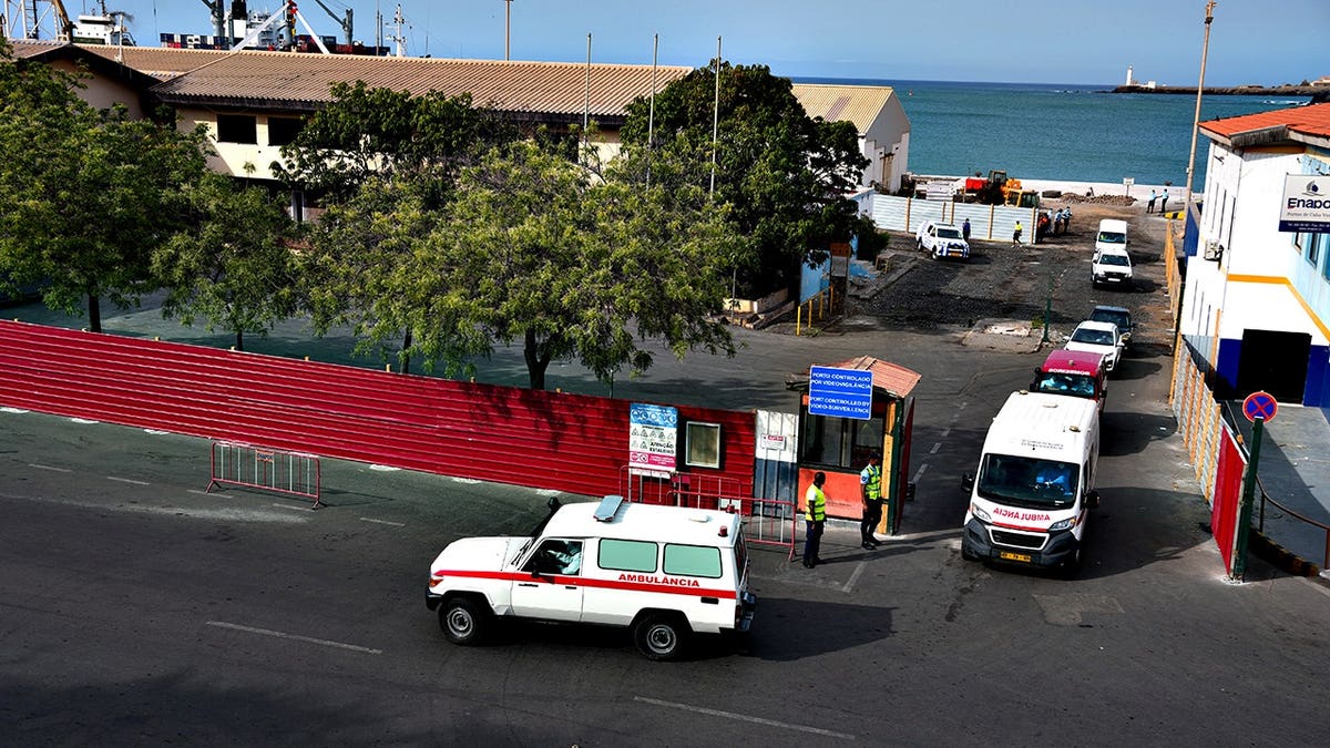 An ambulance evacuating patients from the MV Hondius cruise ship in Praia, Cape Verde