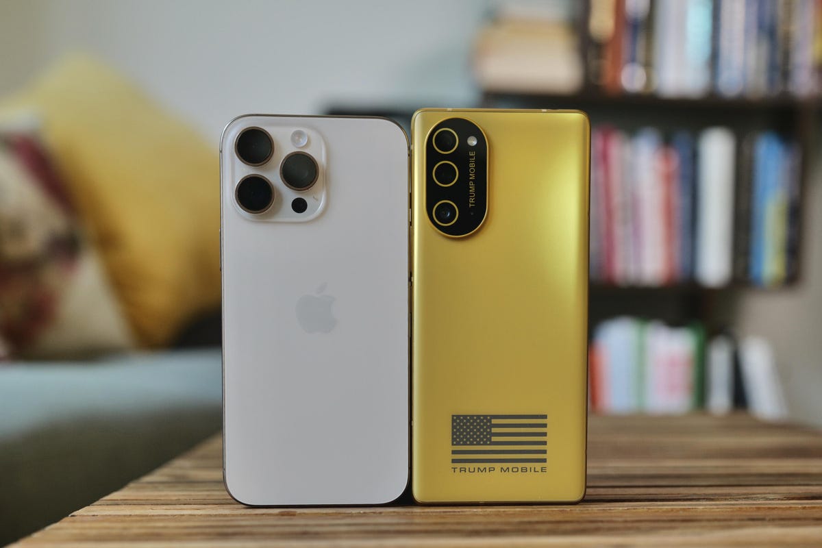 The T1 Trump Phone next to an iPhone 16 Pro Max